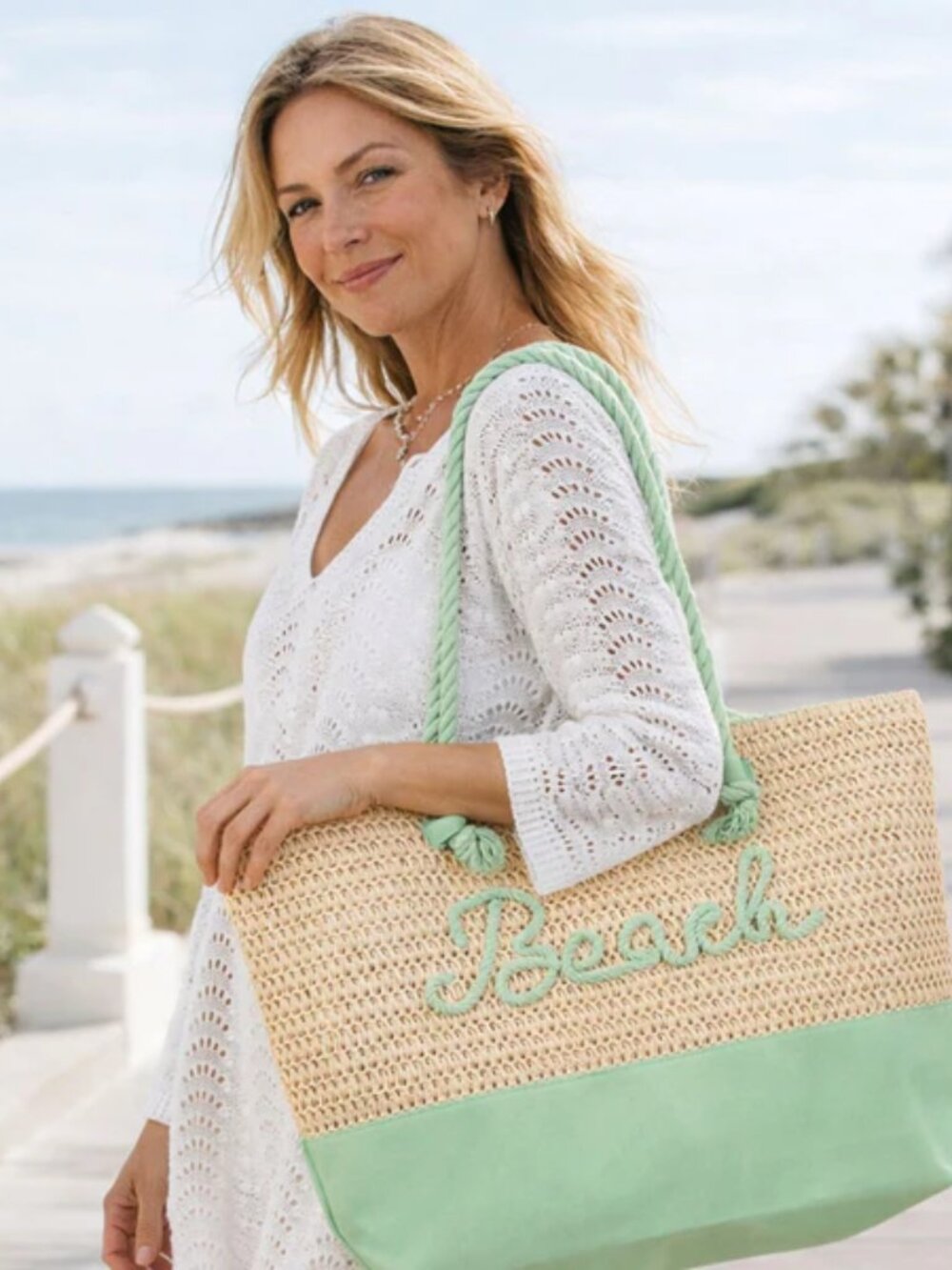 Mint Green Beach Message Straw Beach Tote Bag with Zipper